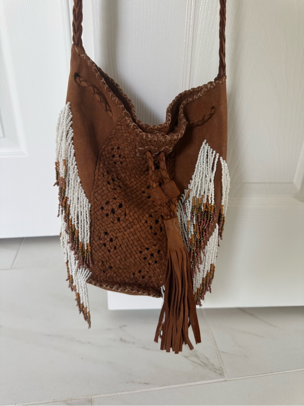 Brown Woven Suede Fringe Beaded Shoulder Bag